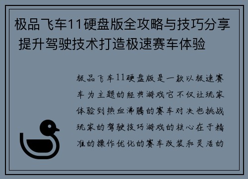 极品飞车11硬盘版全攻略与技巧分享 提升驾驶技术打造极速赛车体验