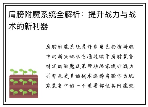 肩膀附魔系统全解析：提升战力与战术的新利器