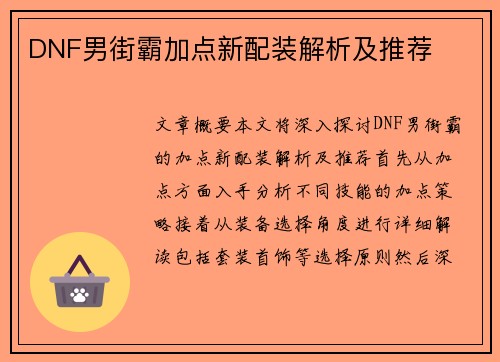DNF男街霸加点新配装解析及推荐