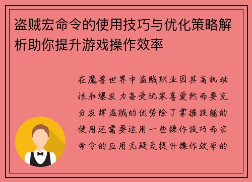盗贼宏命令的使用技巧与优化策略解析助你提升游戏操作效率